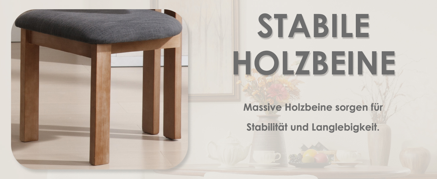 Der Text lautet: 'STABILE HOLZBEINE'. Bilder von Möbelbeinen aus Holz, die ihre robuste Konstruktion und ihre Stabilitätsmerkmale hervorheben.