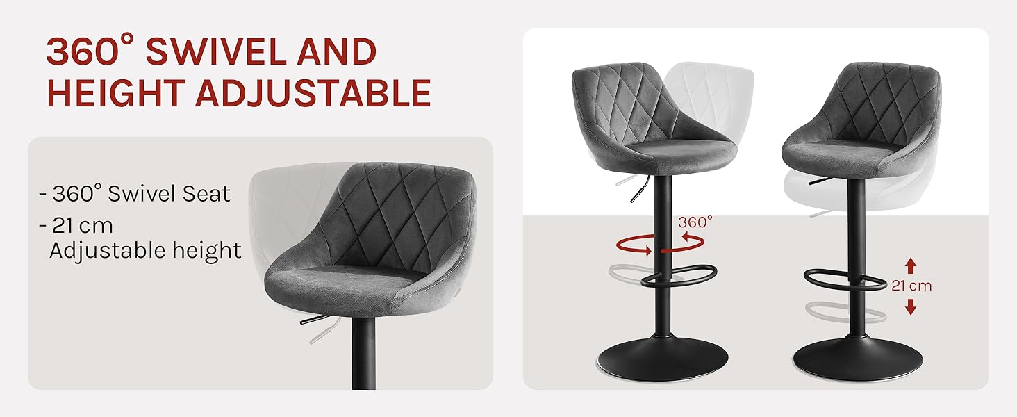 Adjustable bar stools with 360° swivel seats and height adjustment. Gray quilted upholstery, black metal base.