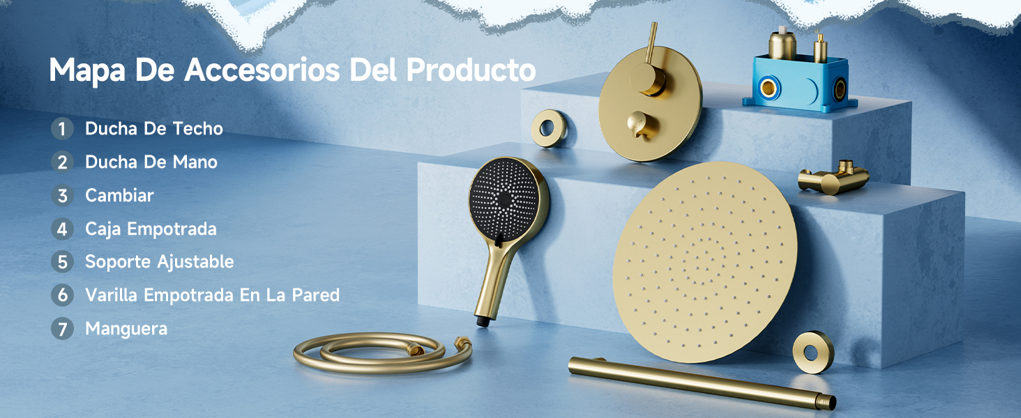 Diagrama de accesorios del producto que muestra los componentes de la ducha: cabezales de ducha portátiles y de lluvia, grifo, tapa de desagüe, soporte ajustable, válvula empotrada en la pared y manguera sobre un fondo