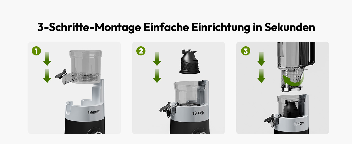 Der Text lautet „3-Schritte-Montage Einfache Einrichtung in Sekunden“. Eine schrittweise Montageanleitung zeigt die drei Phasen der Produktinstallation.