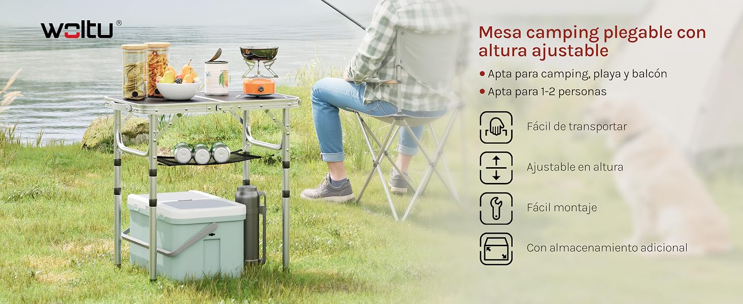 El texto dice «Mesa camping plegable con altura ajustable». La mesa de camping plegable se muestra al aire libre con iconos que indican la altura ajustable y el diseño plegable.