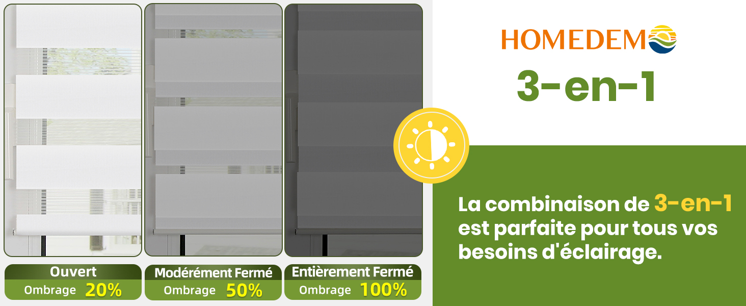 Image de comparaison à trois panneaux montrant différents réglages de stores de fenêtre avec la marque Homedem, illustrant les positions ouvertes, semi-fermées et complètement fermées