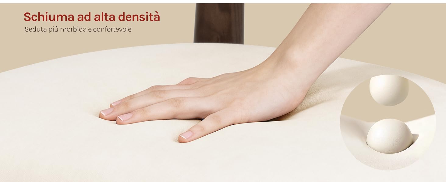 Il testo recita «Schiuma ad alta densità» e «MEMORY FOAM ALTA DENSITÀ». Mano appoggiata su materiale espanso bianco con rientranze circolari adiacenti, che dimostrano proprietà di ammortizzazione e supporto in memory foam ad alta densità.