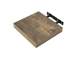 Floating wall shelf with rustic brown wood finish and black metal mounting bracket, featuring a square design with weathered appearance.