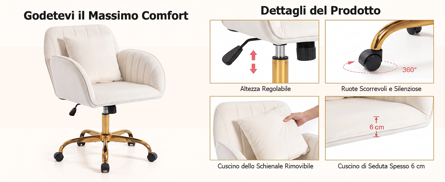 Il testo recita «Godelvii Massimo Comfort» e «Dettagli del Prodotto». Sedia da ufficio moderna beige con gambe dorate, mostrata di seguito con quattro immagini dettagliate del prodotto.