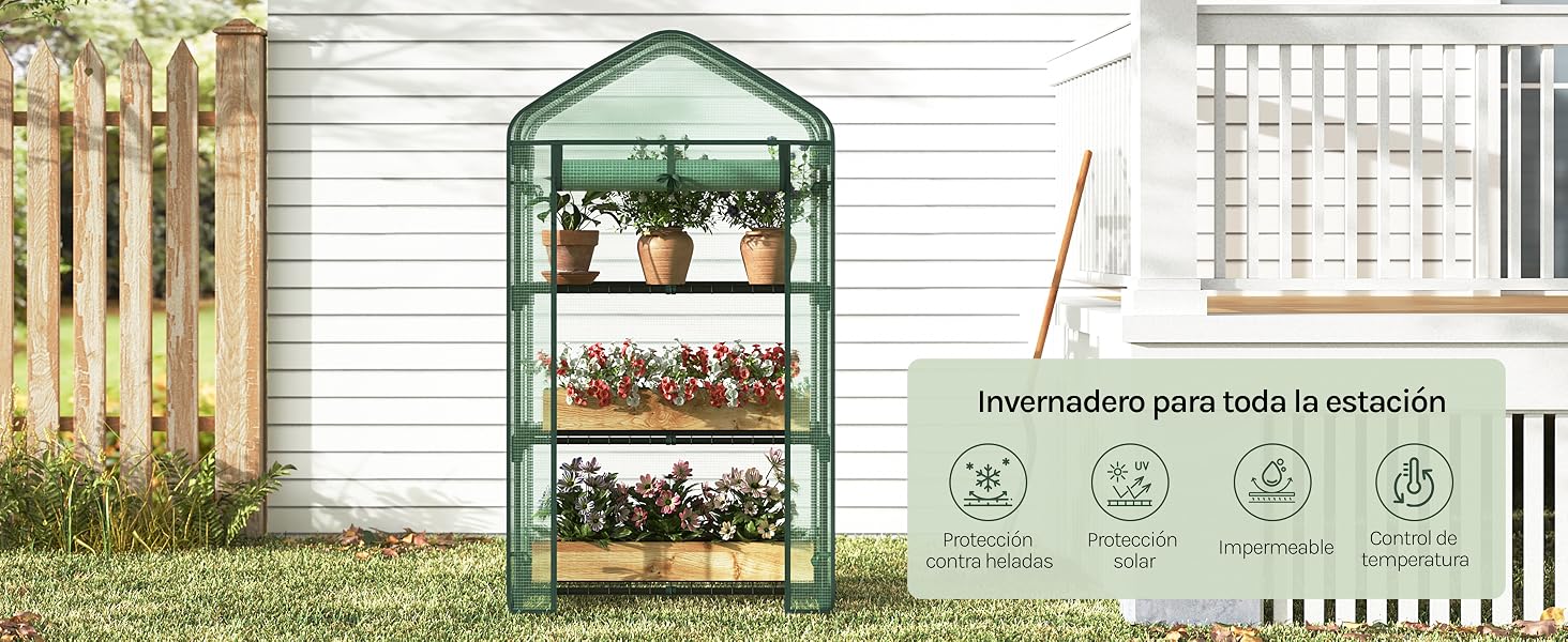 Greenhouse or garden structure technical drawings showing multiple views including side elevation, interior layout, and structural details in green color scheme.