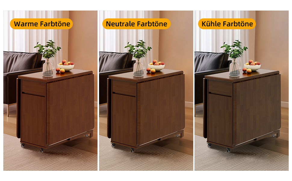 Drei aufeinanderfolgende Bilder zeigen einen Holzschrank oder eine Kommode mit bewegten Schubladen, die den Öffnungsmechanismus demonstrieren.