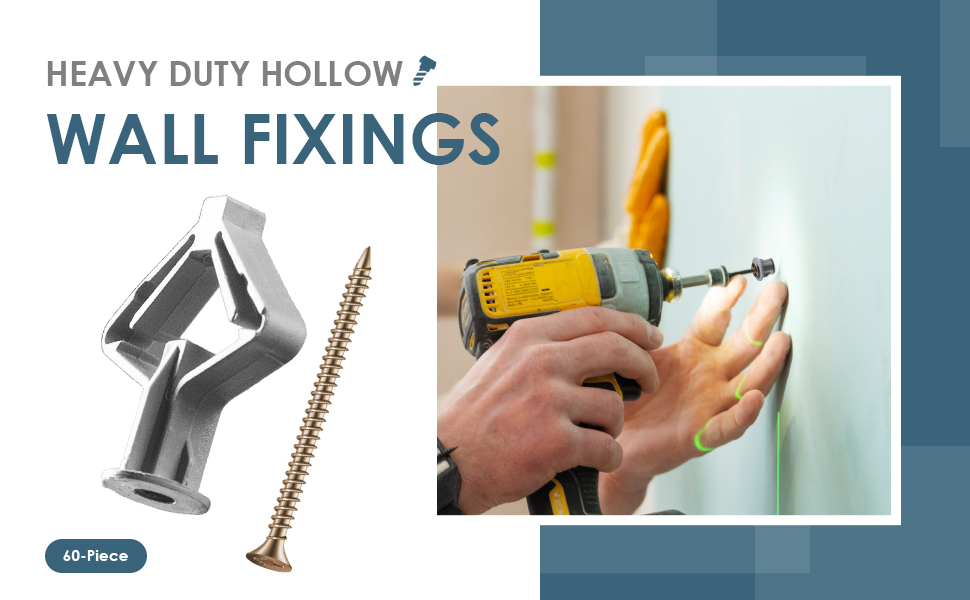 Heavy duty hollow wall fixings: Gray plastic anchor and brass screw. Image shows installation using yellow power drill on white wall. Product quantity: 60 pieces.