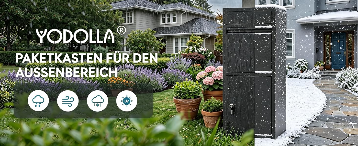 Der Text lautet „YODOLLA PAKETKASTEN FÜR DEN AUSSENREICH“. Das Bild zeigt dunkle, zylindrische und rechteckige, wetterfeste Versandkartons, die im Freien mit grünem Laubhintergrund ausgestellt sind.