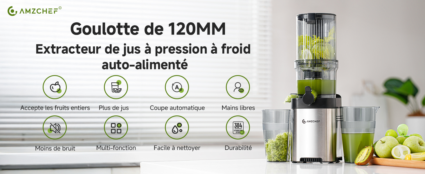 Le texte indique « Goulotte de 120 MM » et « Extracteur de jus à pression à froid auto-alimentaire ». Démonstration du produit d'une machine à jus avec des fruits et légumes frais.