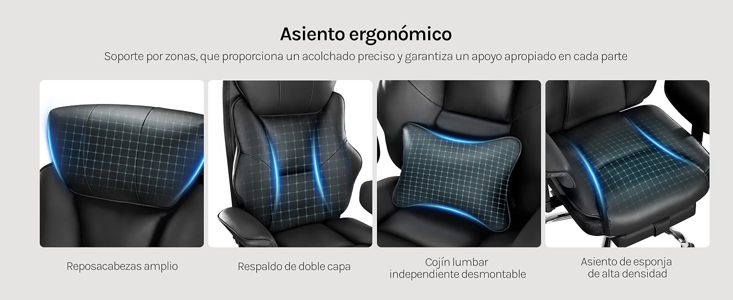 El texto dice: «Asiento ergonómico». Varias vistas de una silla de oficina ergonómica en color oscuro, que muestran varias funciones y posiciones de ajuste.