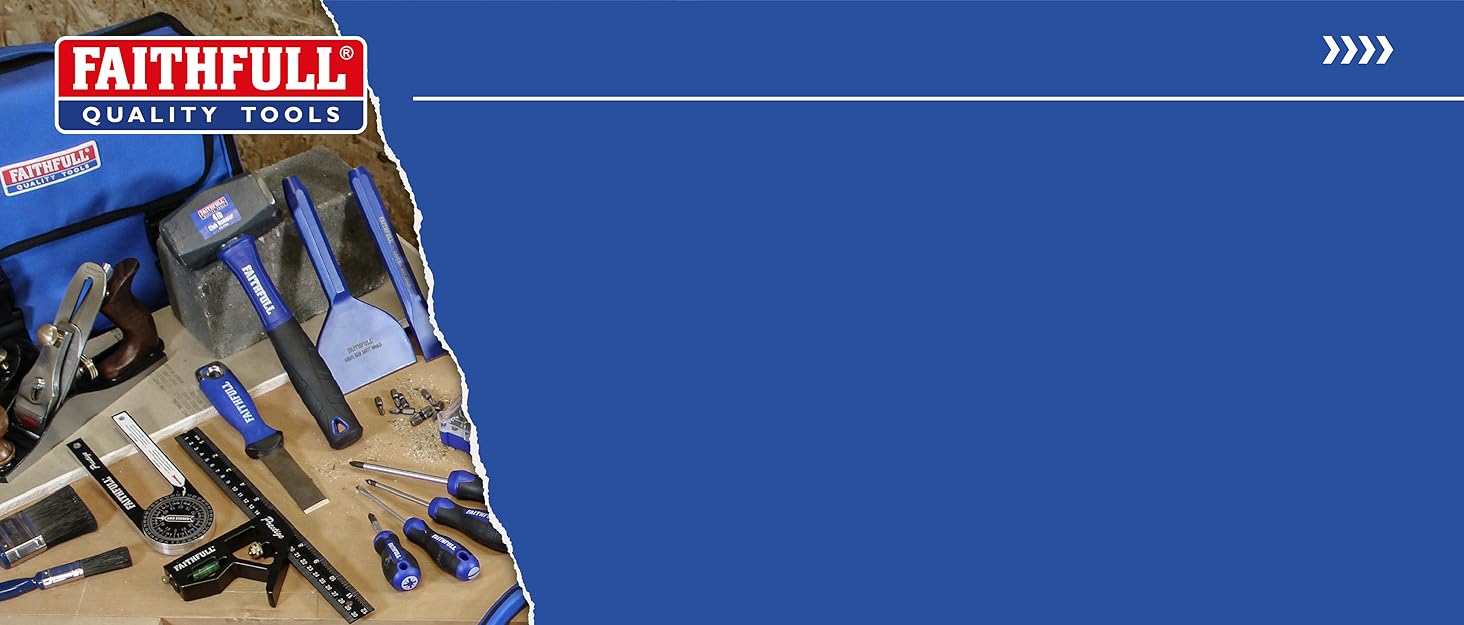 Text reads 'FAITHFULL'. Product demonstration image showing blue power tools against a blue background with arrow indicators.