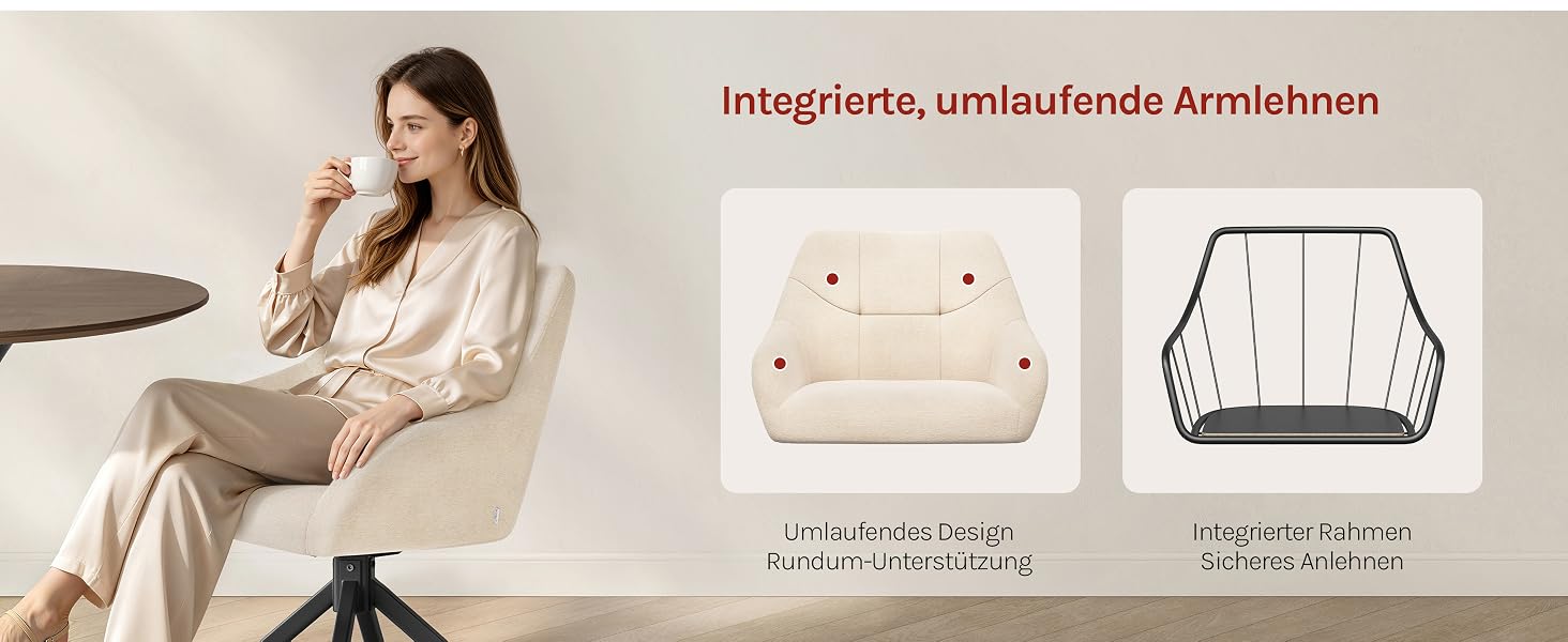 Der Text lautet „Inagiertes, umilaufende Armehinnen“. Frau sitzt auf einem beigen Stuhl und trägt ein cremefarbenes Leinenhemd. Das Produktdisplay zeigt beigefarbene und weiße, geometrisch gemusterte Körbe mit Strichzeichnungen, die Abmessungen und Lagerkapazität angeben.