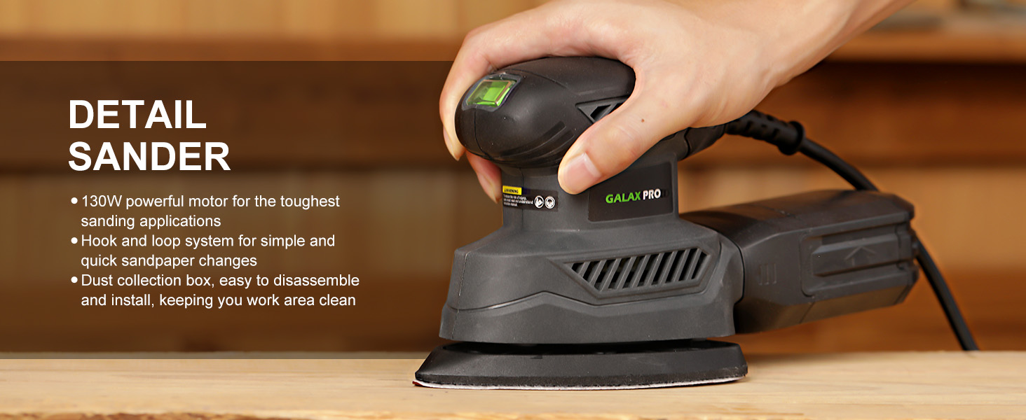 Text reads 'DETAIL SANDER' with product description text. Hand holding black orbital detail sander tool on wooden surface demonstrating compact power tool for precision sanding tasks.