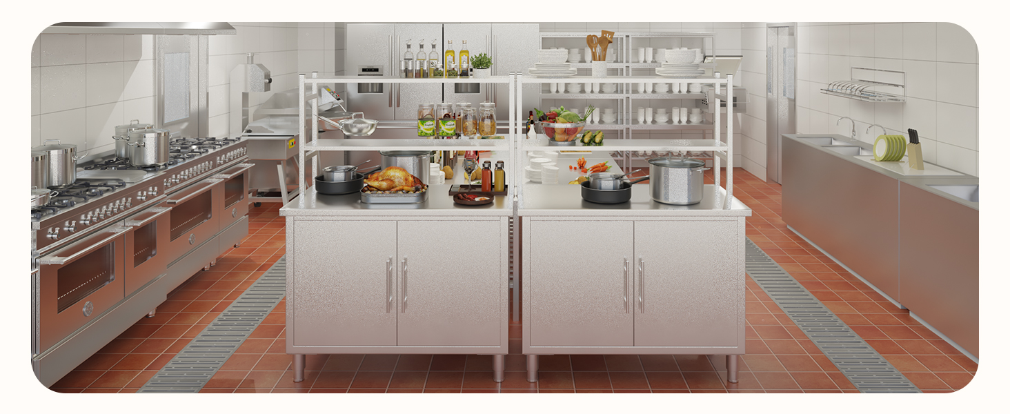 Modern commercial kitchen interior with stainless steel appliances, white cabinets, and terra cotta tile flooring extending across multiple connected spaces.