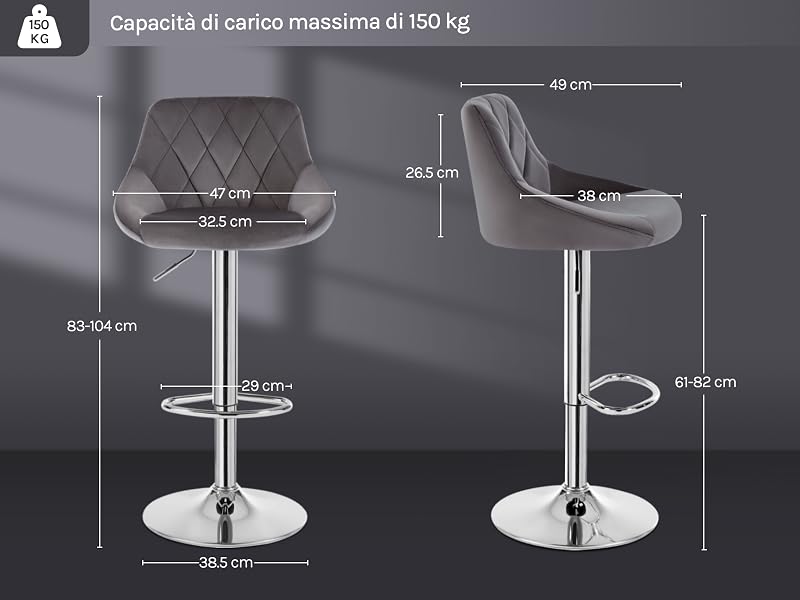Il testo recita «Capacità di carico massima di 150 kg». Diagramma tecnico che mostra le dimensioni della base della sedia regolabile con misure in centimetri.