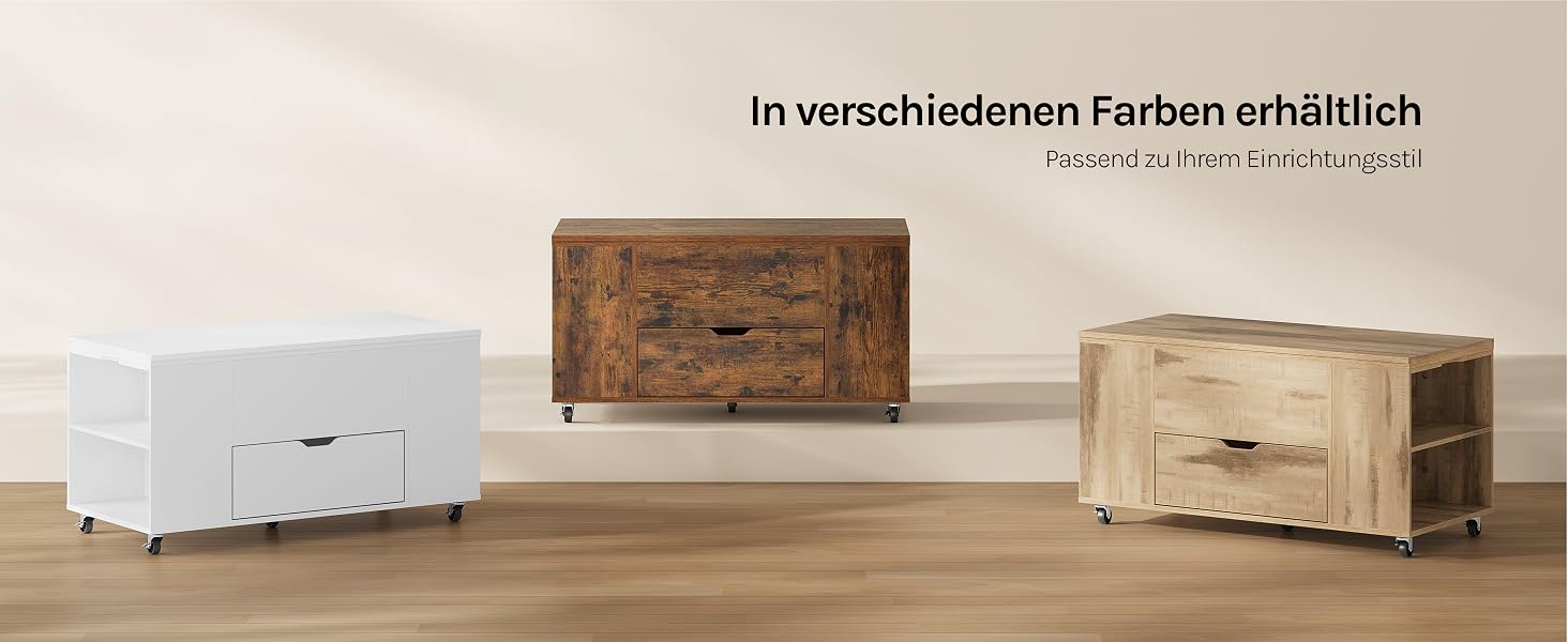 Der Text lautet „In verschiedenen Farben erhältlich“. Drei Aufbewahrungsboxen aus Holz in Weiß, Braun mit Korkstruktur und natürlichen Holzoberflächen, die auf dem Holzboden ausgestellt sind und verschiedene Farbvariationen bieten.