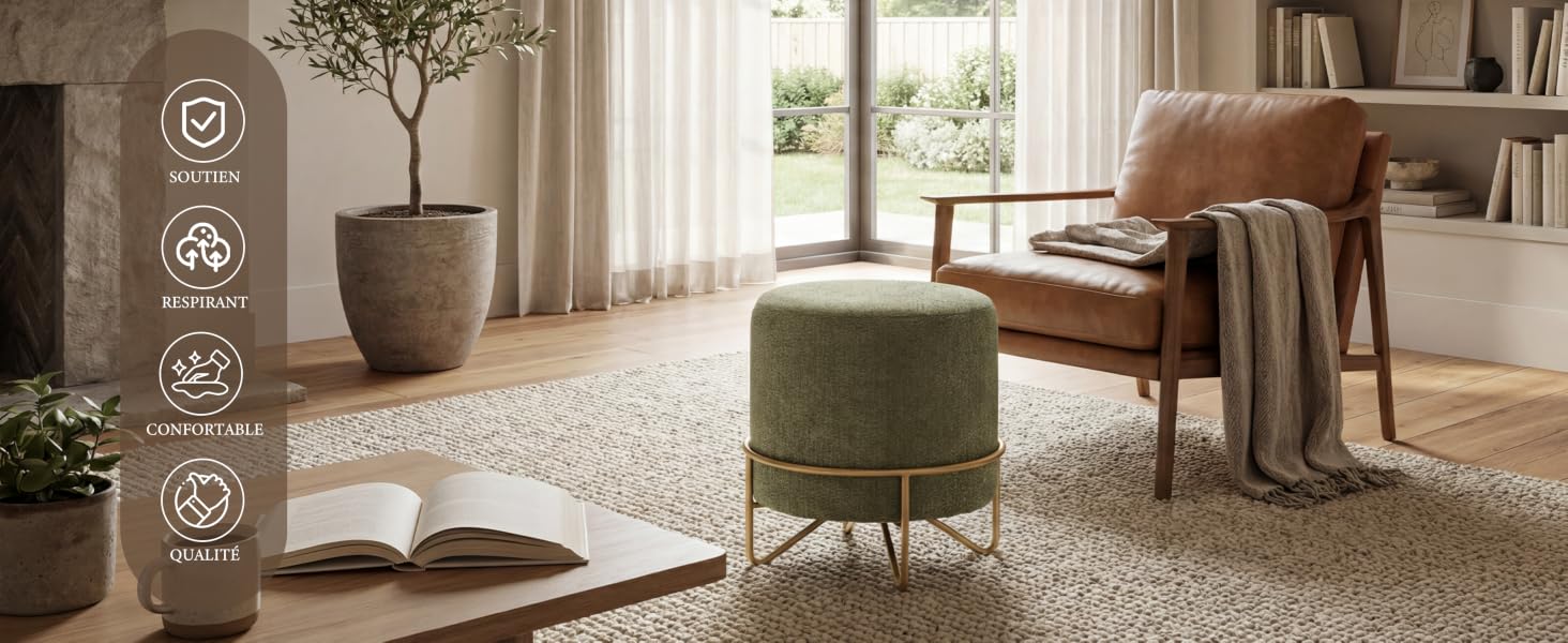 Intérieur du salon avec des icônes indiquant les caractéristiques du produit et montrant des sièges confortables, y compris un fauteuil d'appoint vert.