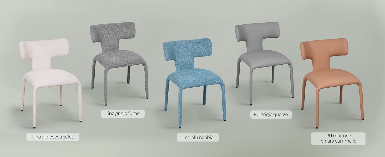 Mostra la gamma di sedie da pranzo moderne in vari colori tra cui grigio, bianco, blu e pesca, che mostrano un design coerente in diverse opzioni di colore.