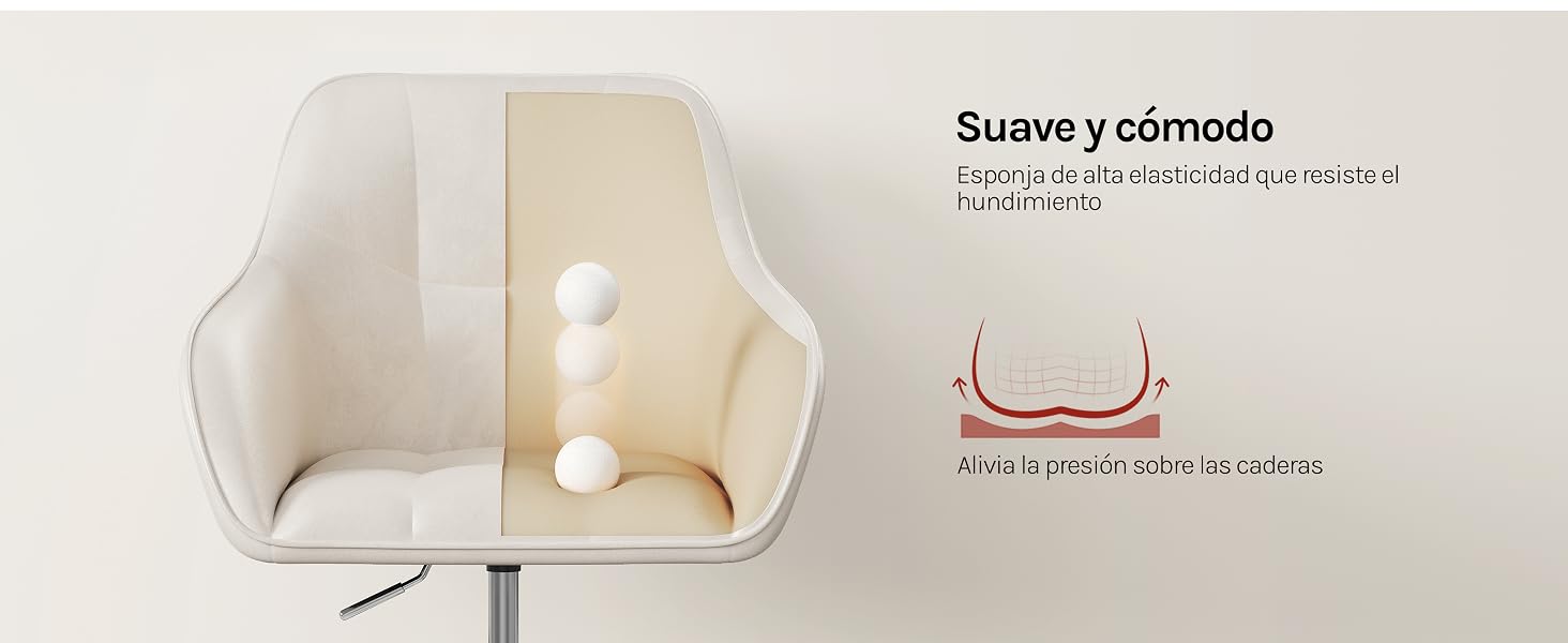 El texto dice «Suave y cómoda».
[SENTENCE 15] El producto muestra un artículo acolchado de color blanco/crema con un diseño curvo y detalles rojos en la parte inferior sobre un fondo neutro.