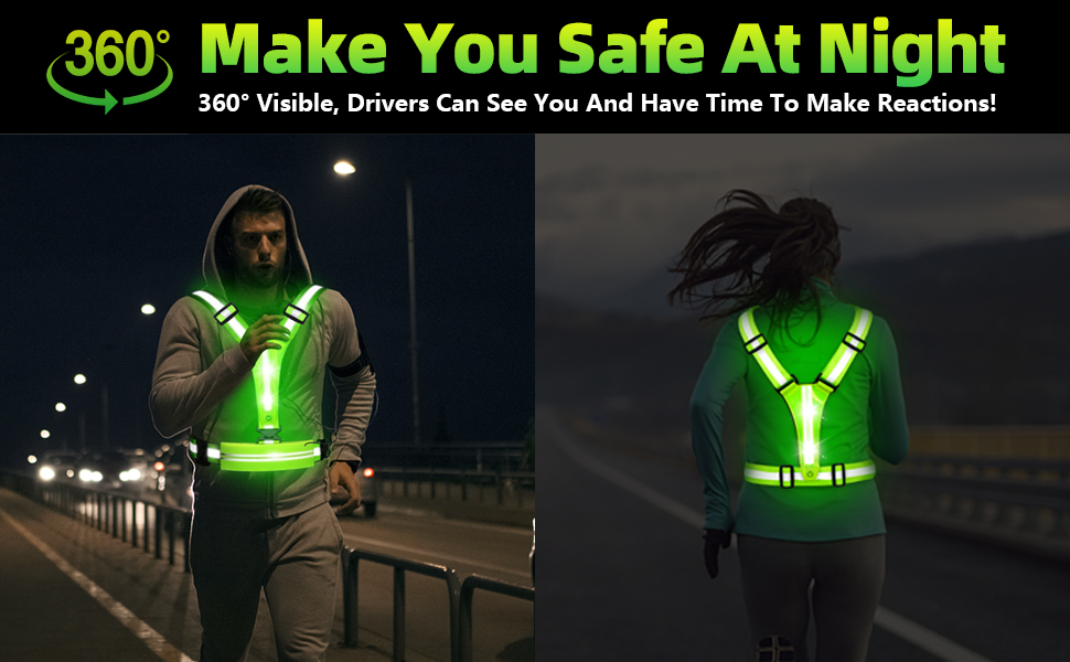 Gilets de sécurité réfléchissants portés par deux personnes la nuit. Les bretelles lumineuses vert vif forment un « V » dans le dos, visible à 360 degrés.