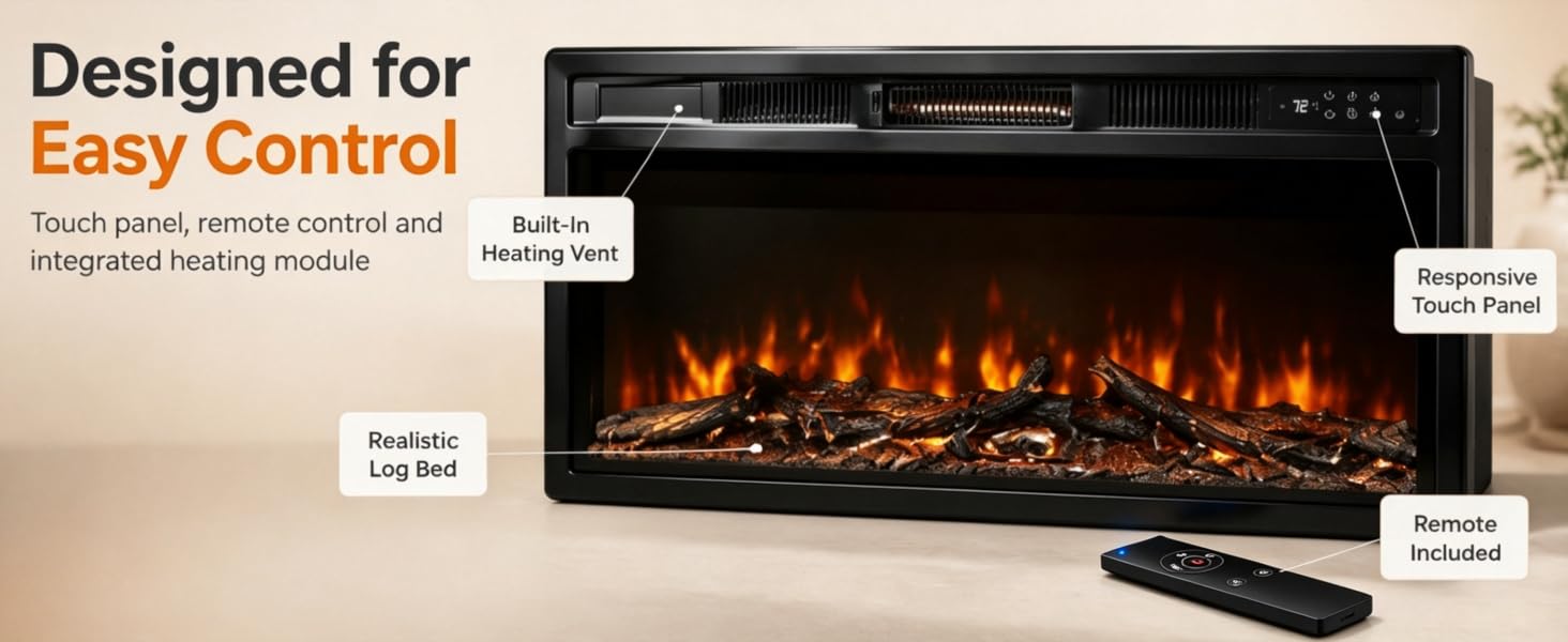 Text reads 'Designed for Easy Control'. Electric fireplace insert with black frame and realistic flame effect display, shown with remote control and product packaging.