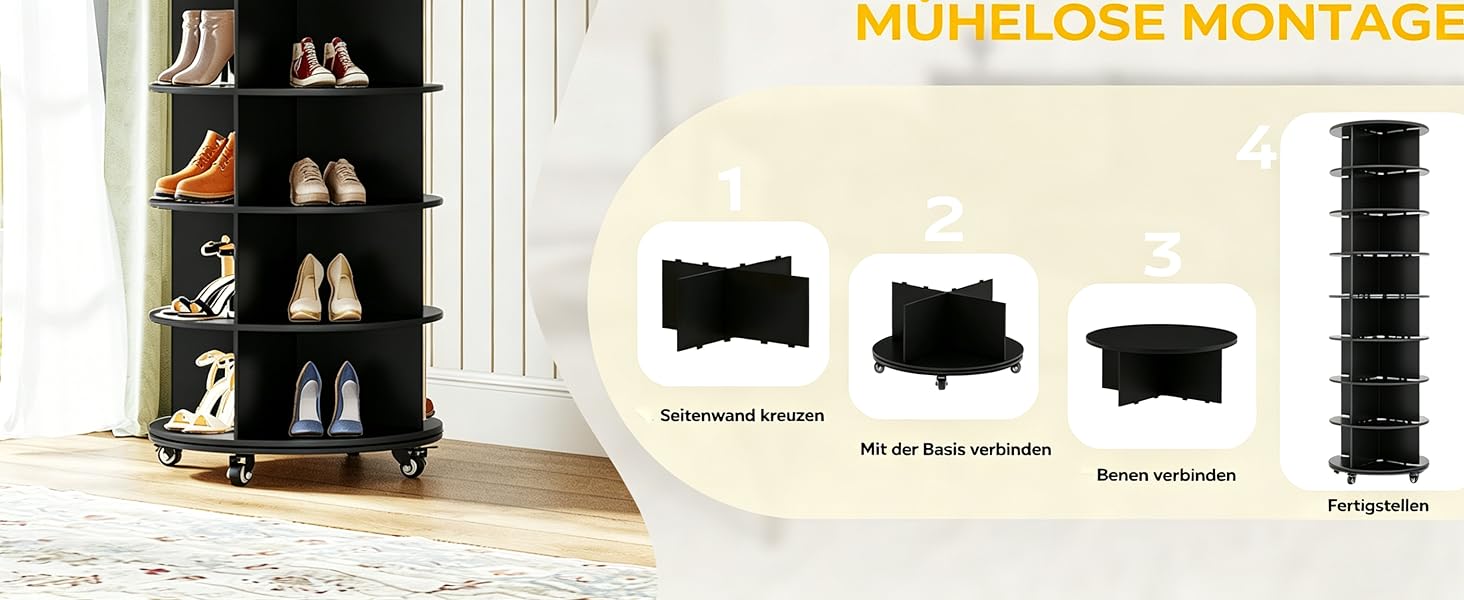 Der Text lautet „NUBELOSE MONTAGE“. Das Produktdisplay zeigt ein schwarzes Regal mit verschiedenen Artikeln und vier verschiedenen Optionen für Montage- und Aufbewahrungskomponenten (siehe Abbildung unten).