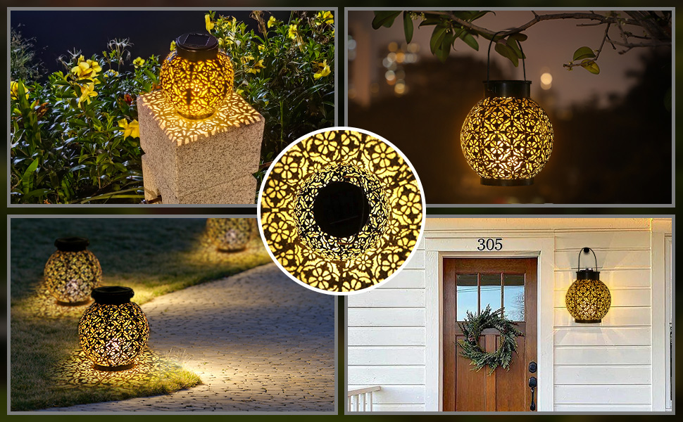 Lámpara decorativa alimentada por energía solar con un intrincado patrón de filigrana, visible en muchos entornos exteriores, creando