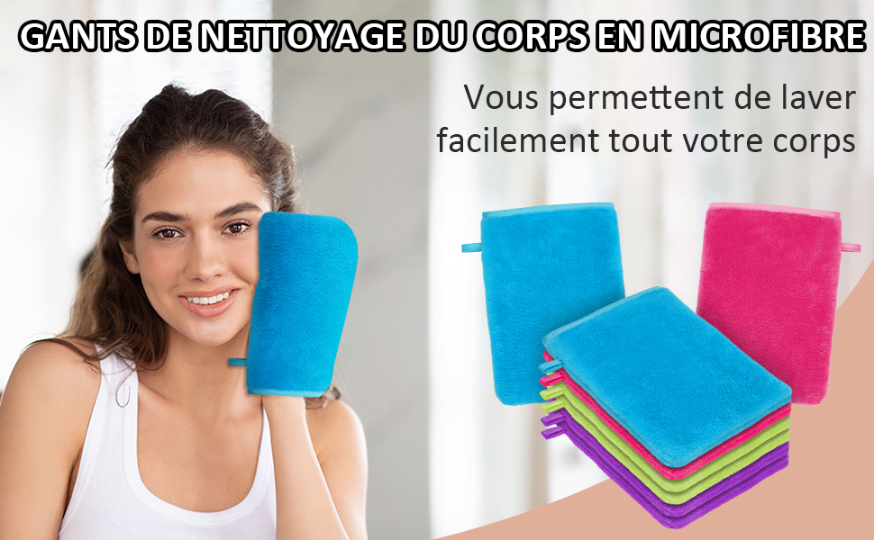 de gants de nettoyage en microfibre de différentes couleurs, dont le bleu, le rose et le violet, conçus pour le lavage du corps