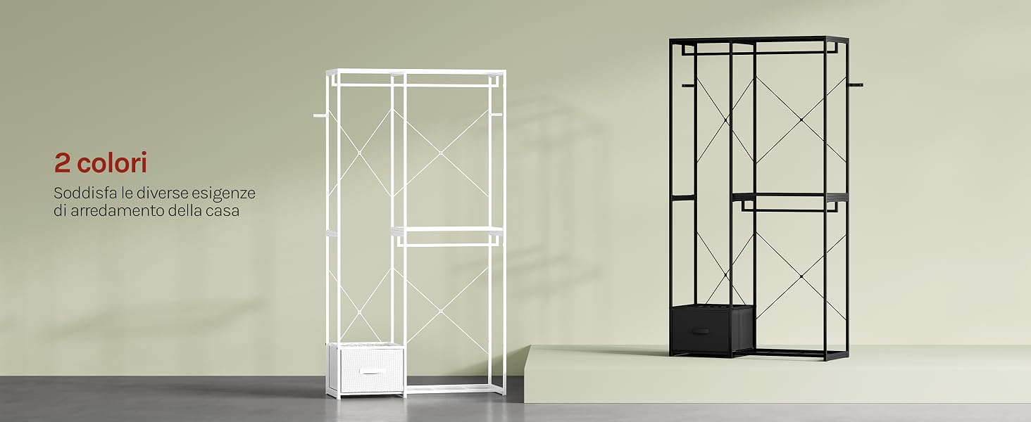 Il testo recita «2 colori» con un piccolo testo aggiuntivo in basso. I design del telaio dell'armadio con due ante in vetro sono mostrati in configurazioni bianche e nere su sfondo neutro.