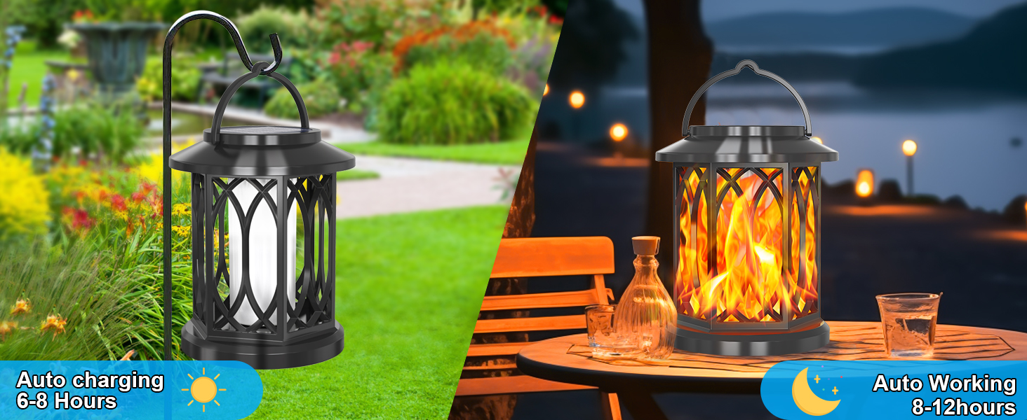 Two outdoor lanterns with intricate designs. One on grass, another on wooden surface. Both emit warm glowing light in evening setting.