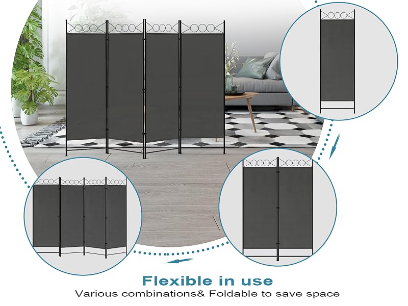 Divisorio a quattro pannelli con schermi in tessuto grigio scuro e struttura in metallo nero. Presenta una guida superiore decorativa e un design pieghevole per