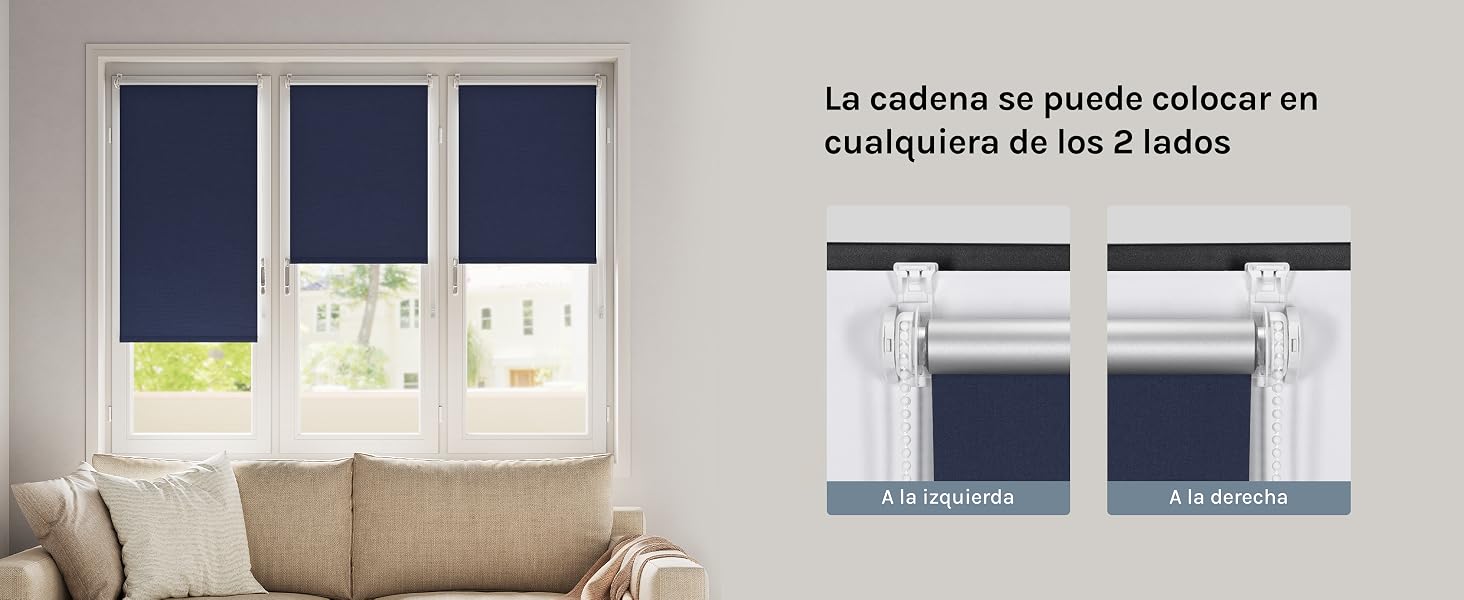 El texto dice «La cadena se puede colocar en cualquiera de los 2 lados».
[SENTENCE 20] Fotografías del interior de las habitaciones que muestran ventanas con persianas enrollables en varias posiciones.