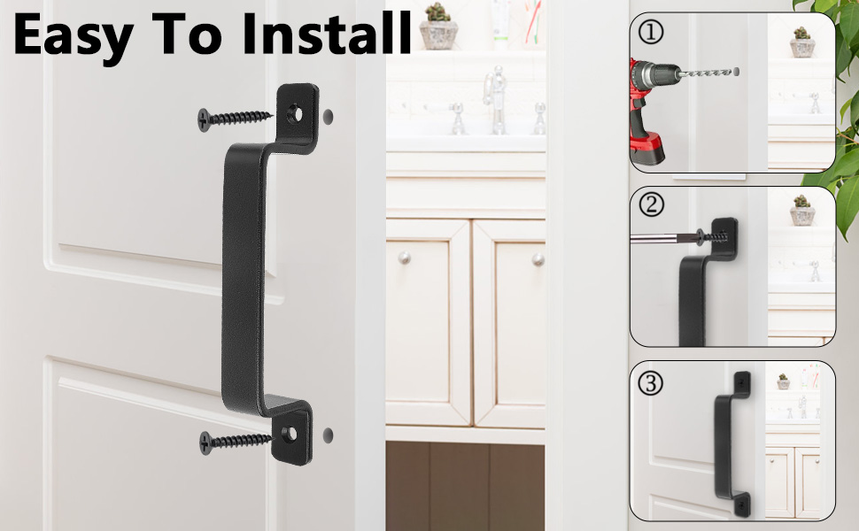 Black door security strap with installation steps shown. L-shaped metal bracket attaches to door and frame with screws. Easy installation process demonstrated in three panels.