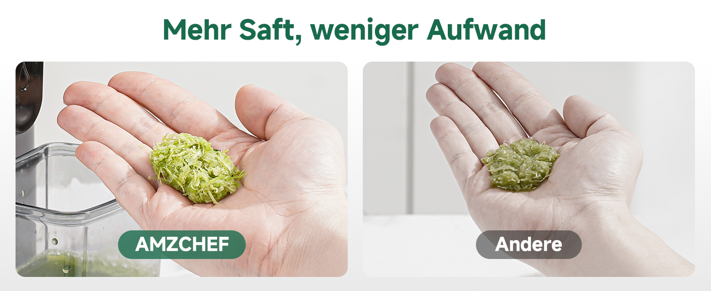 Der Text lautet „Mehr Saft, weniger Aufwand“. Mehrere Bilder zeigen Hände, die ein Küchengerät verwenden, um grüne Produkte zu verarbeiten, und zeigen die Schritte beim Entsaften oder Zubereiten von Speisen.