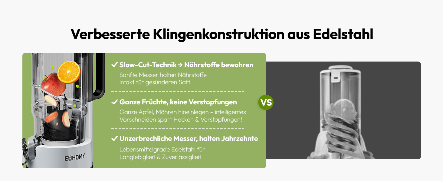 Der Text lautet „Verbesserte Klingenkonstruktion aus Edelstahl“. Bilder zur technischen Produktdemonstration, die Nahaufnahmen der Klingenkonstruktion aus Edelstahl zeigen.