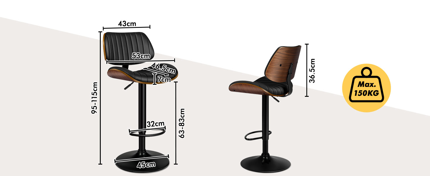 Technical diagram showing different types of bar stools and seating with measurements and specifications indicated by lines and numbers.