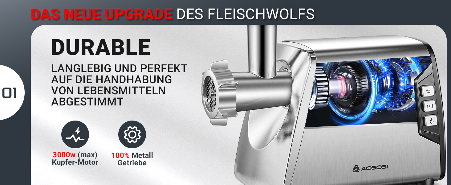 Fleischwolf aus Edelstahl mit Digitalanzeige und blauer LED-Beleuchtung. Der Text hebt die Haltbarkeit und Eignung für den Umgang mit Lebensmitteln