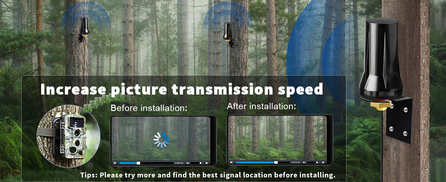 Outdoor camera installation guide showing before and after views. Highlights improved picture transmission speed with proper signal location.