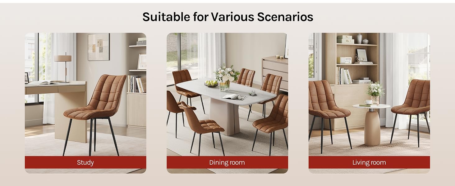 Text reads 'Suitable for Various Scenarios'. Shows three interior scenes of dining spaces with modern chairs and tables in different arrangements.