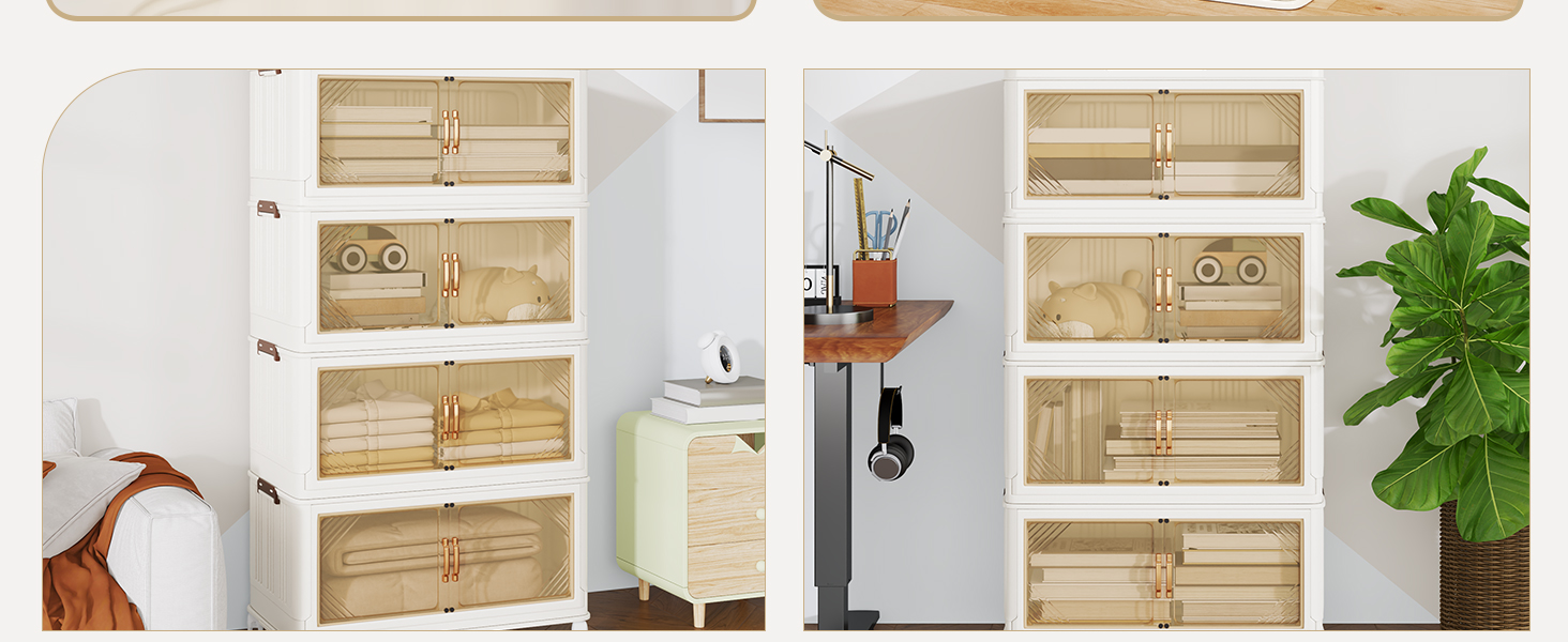 Two images of white shelving units with woven storage baskets organized in rows, one unit showing plant decoration. Modular storage solutions for home organization and decluttering.