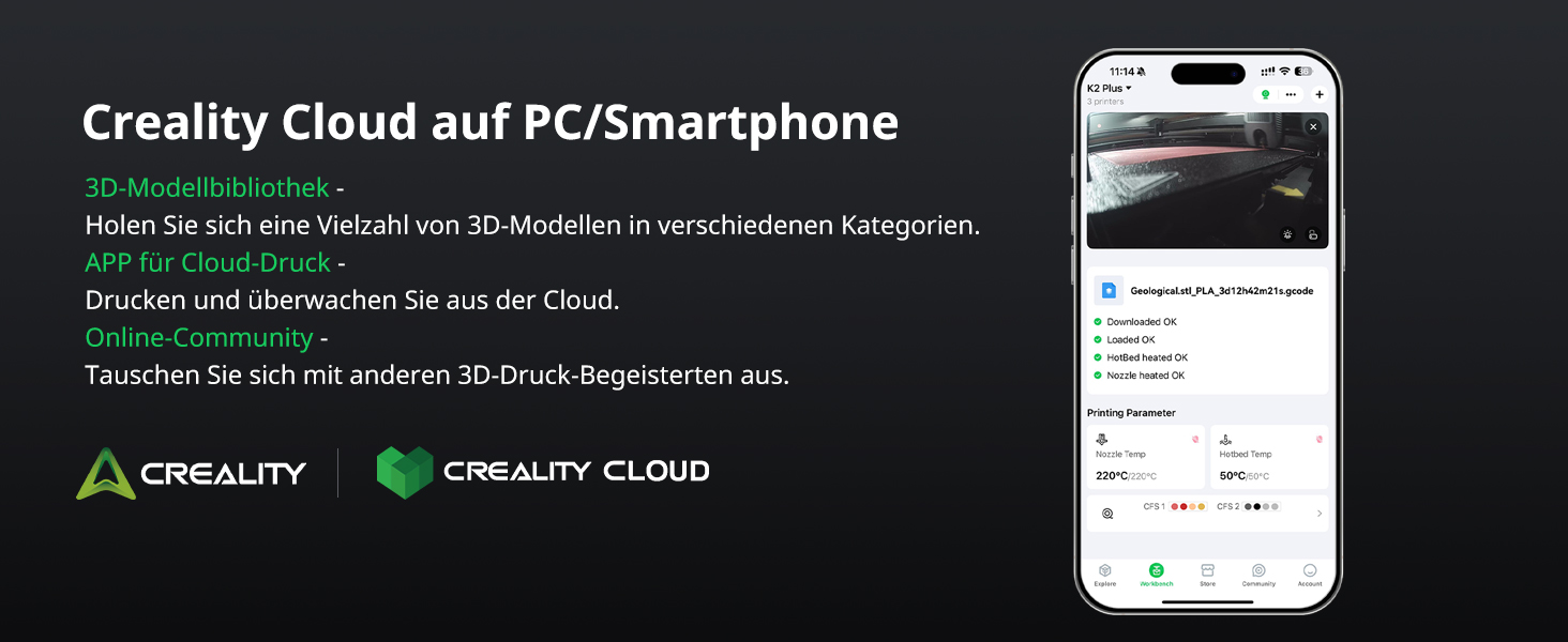 Der Text lautet „DISEÑO ULTRADELGADO“ und „Le ofrece un mejor diseño estético“. Zeigt die Oberfläche der Smartphone-App mit dem Creality Cloud-Branding und Elementen der mobilen Benutzeroberfläche an.