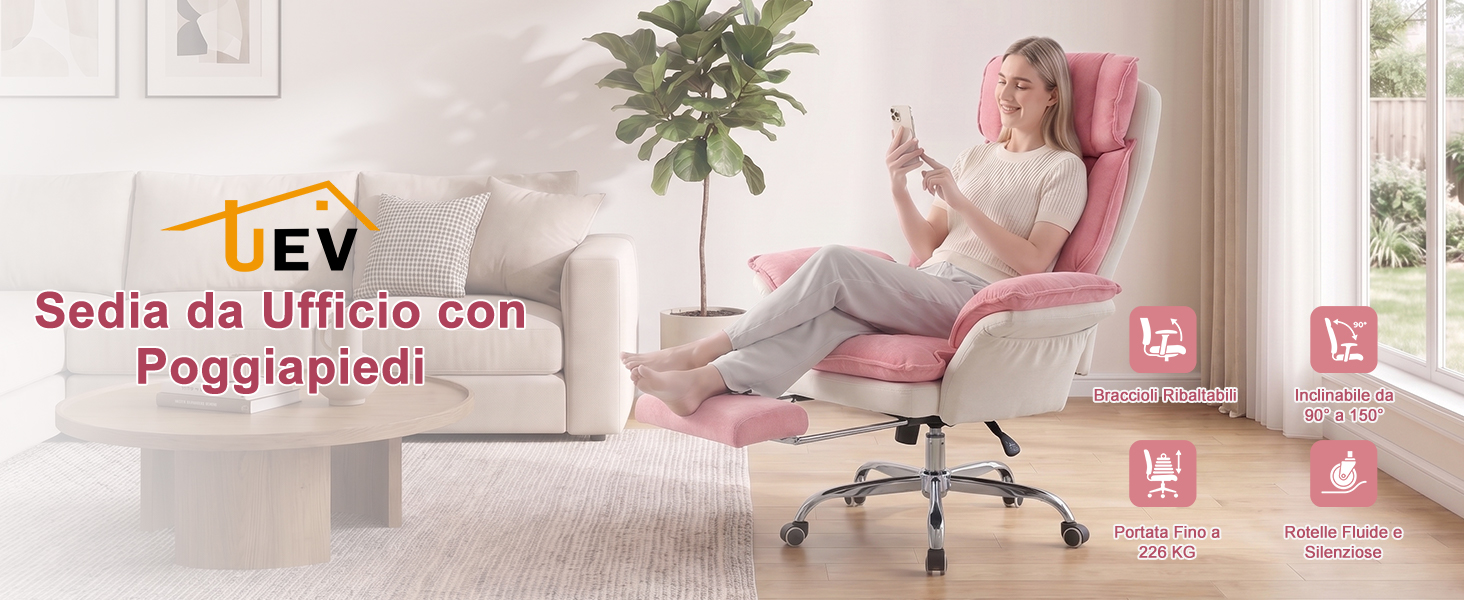 Interno rosa della camera da letto con testo «Silla de Oficina con Patas ajustables» che mostra sedia da scrivania, finestra, piante ed elementi decorativi.