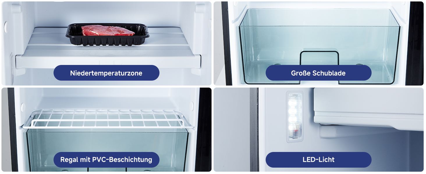 Reihe detaillierter Produktbilder, die die Innenausstattung eines scheinbar Kühlschrank-Aufbewahrungssystems mit blau getönten Organisationsfächern zeigen.