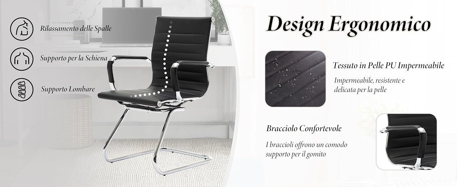 Sedia da ufficio nera con sedile e schienale in pelle a coste, struttura cromata e base a sbalzo. Le caratteristiche includono design ergonomico, rivestimento in pelle PU