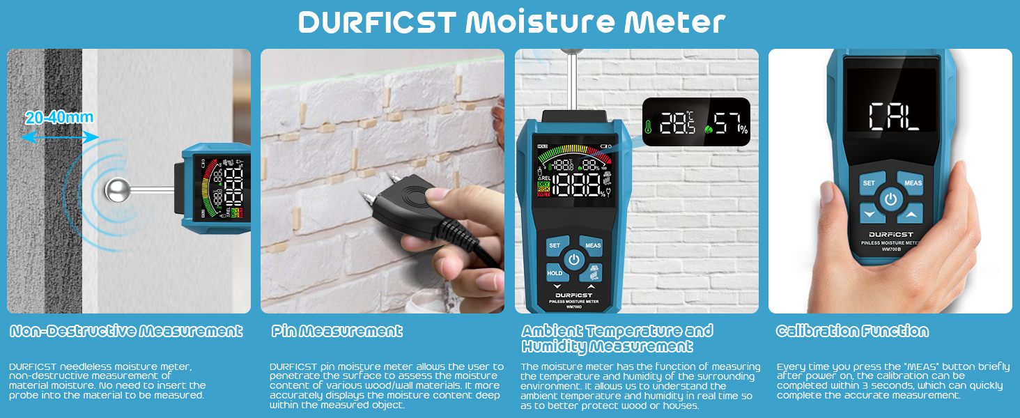 Handfeuchtemessgerät, das in verschiedenen Nutzungsszenarien gezeigt wird. Das Display zeigt den Feuchtigkeitsgehalt an. Im Text wird „DURFCIST Moisture Meter“ erwähnt