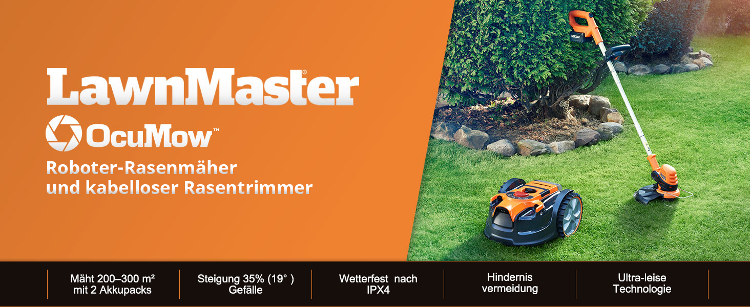 LawnMaster OcuMow Mähroboter und Akku-Rasentrimmer für Rasen.
[SENTENCE 11] Der Mäher ist orange und schwarz.
[SENTENCE 12] Der Trimmer hat einen langen orangefarbenen Griff.
[SENTENCE 13] Die technischen Daten sind unten im Bild aufgeführt