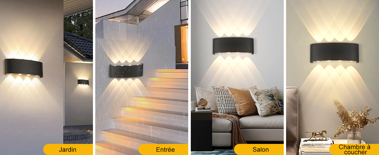 Collection de luminaires muraux LED modernes de couleur noire, exposés dans divers décors intérieurs, notamment dans les escaliers, les chambres et les espaces de vie, avec des effets d'éclairage blanc chaud.
