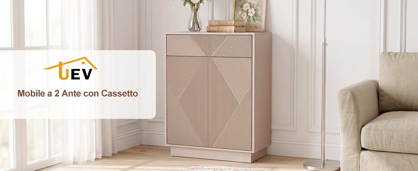Il testo recita «LEV» e «Module 2-7 Anti-wet Shorties». Mobile in legno a coste esposto nel soggiorno con pareti bianche, pavimento in legno chiaro e poltrona beige.
