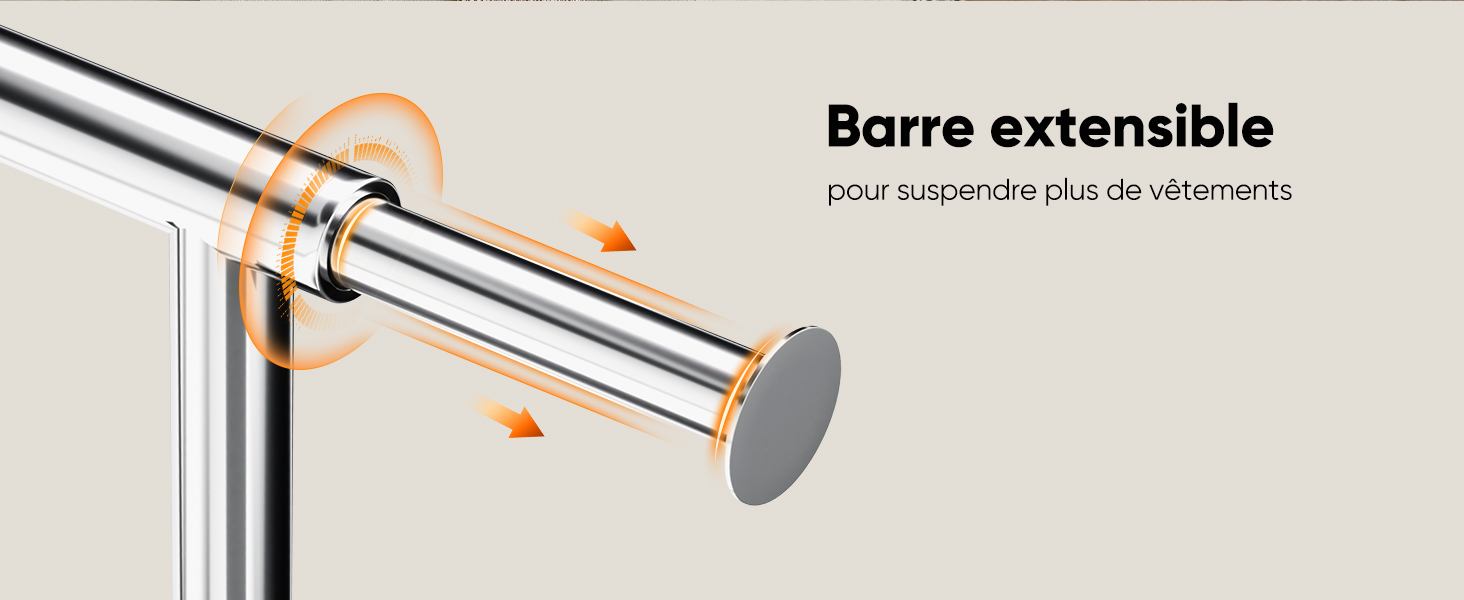 Le texte indique « Barre extensible ». Image du produit montrant une barre ou un poteau de montage réglable avec des embouts circulaires.